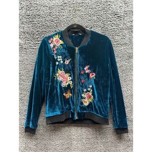 Adore Velvet Floral Embroidered Reversible Full Zip Jacket Blue Womens‎ Size M/L